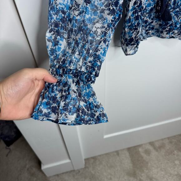 NWT Ramy Brook Celeste Blue Floral Printed Tassel Ruffle Sheer Blouse Size Small - Picture 4 of 11